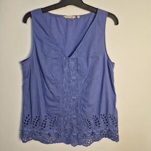 Soft Surroundings Blue Sleeveless Embroidered Boho Eyelet Hem Top Size L